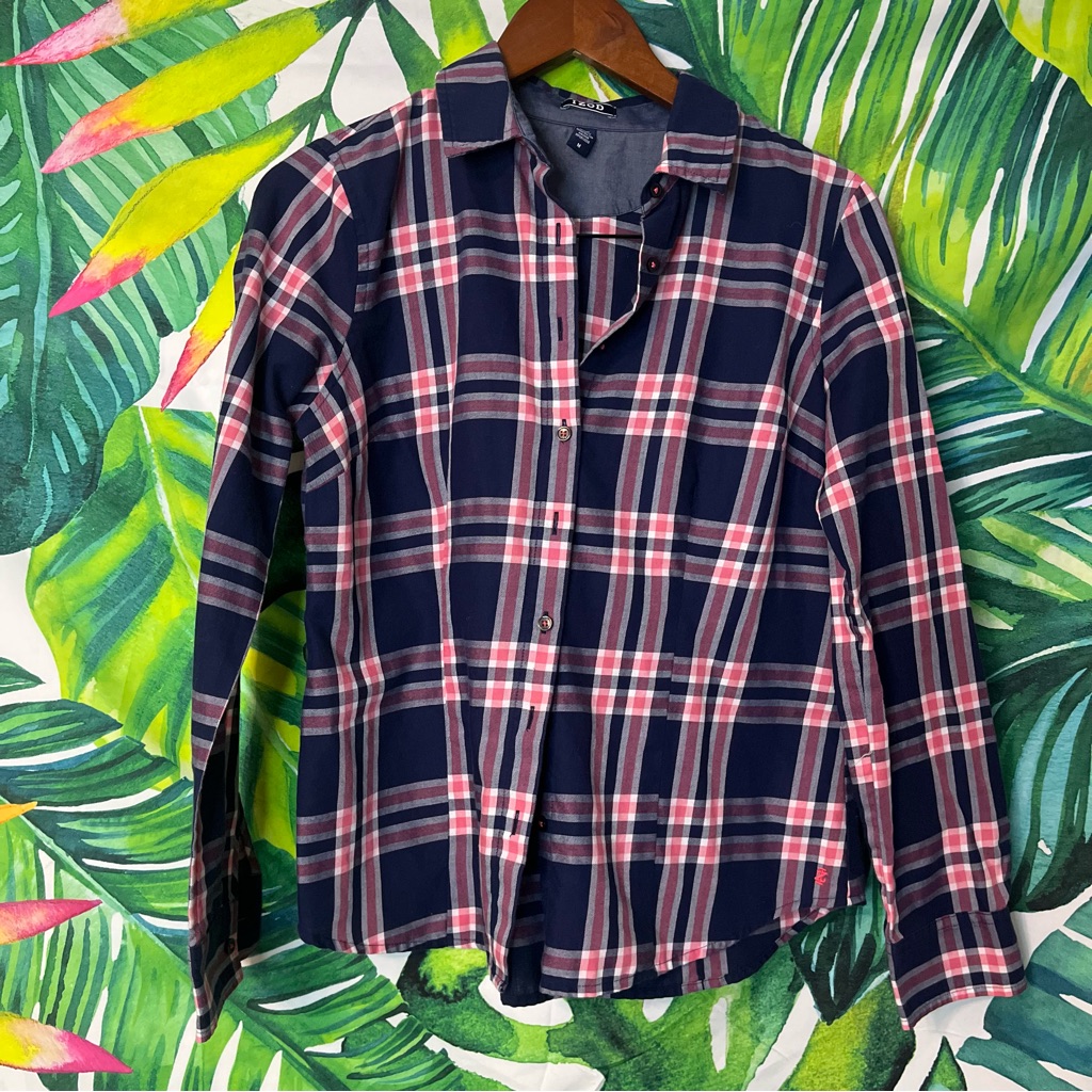 Izod Women’s M Navy Pink Plaid Midwest Office Teacher Casual Button Up Top